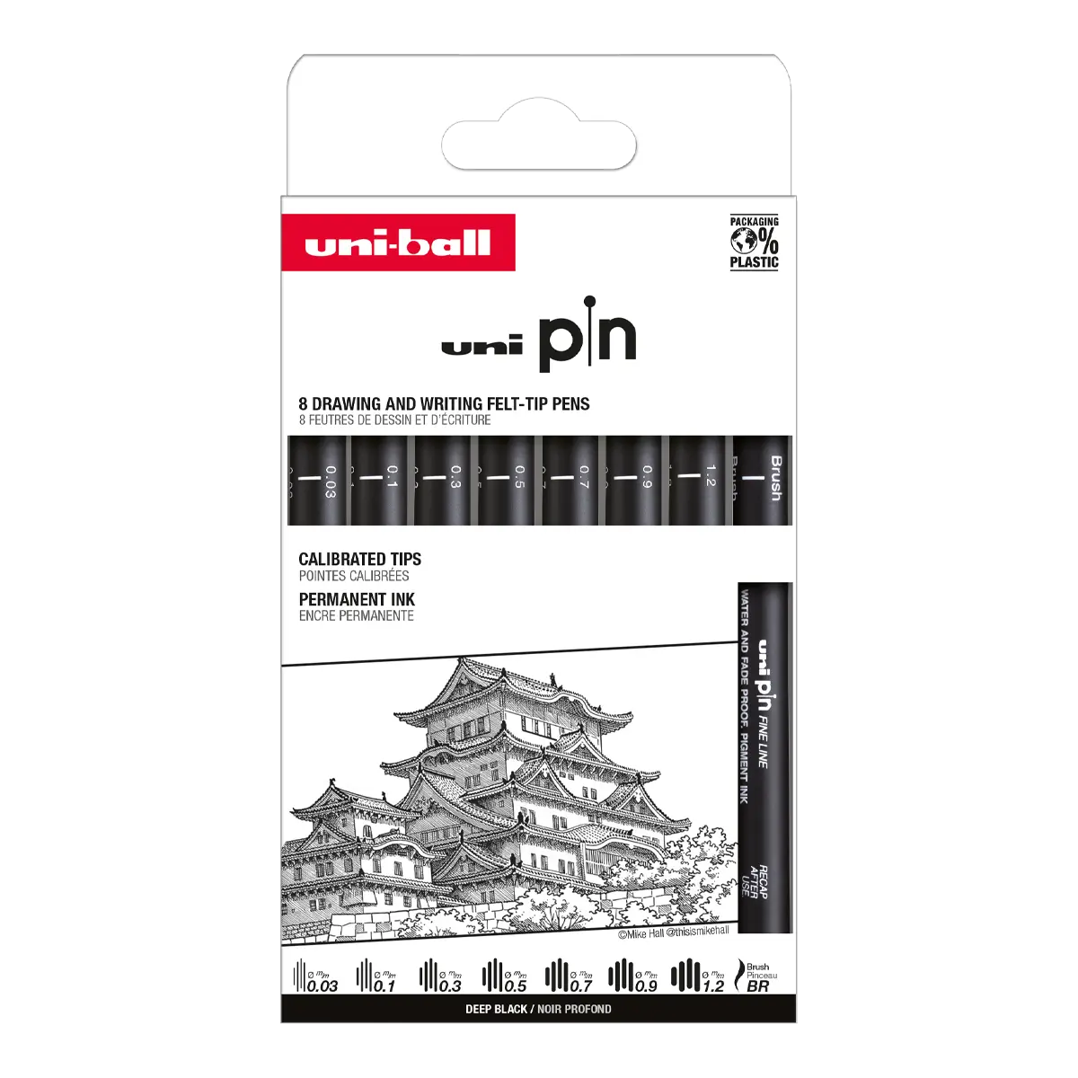 UNI PIN Classic, sada linerů, 8 ks, (0,03 mm/ 0,1 mm/ 0,3 mm/ 0,5 mm/ 0,7 mm/ 0,9 mm/ 1,2 mm/ BR), černá