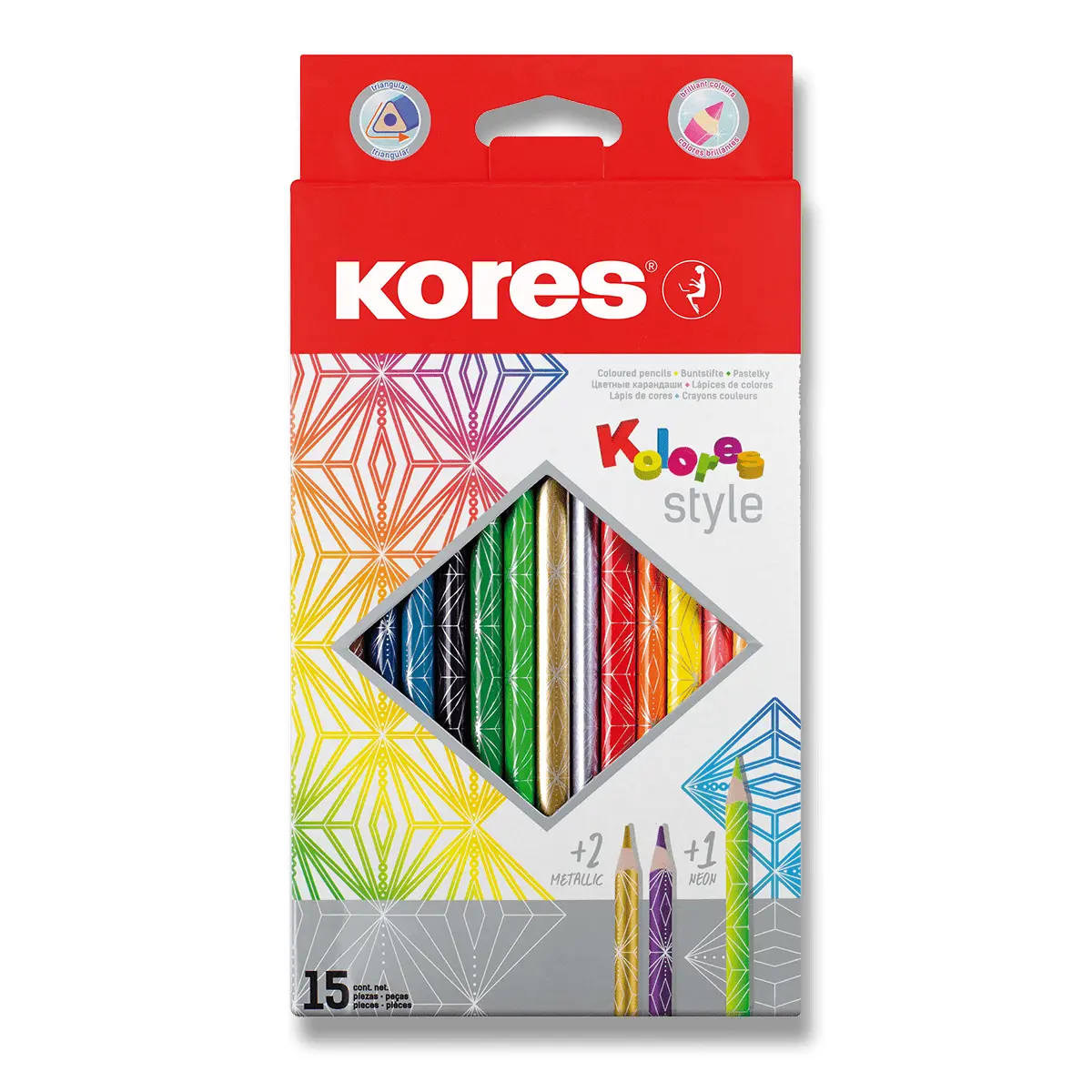 Kores Trojhranné pastelky Kolores Style 3 mm - sada 15 barev vč. 2 metalických a 1 neonové
