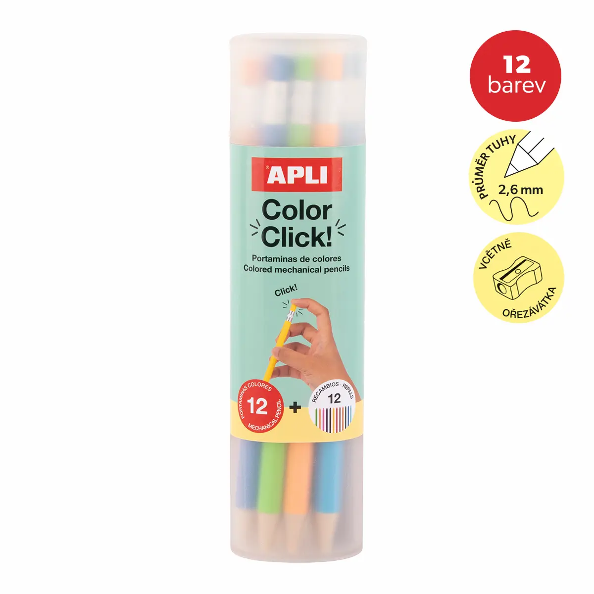 Pastelky APLI stiskací s náhradními tuhami, 12 ks, mix barev