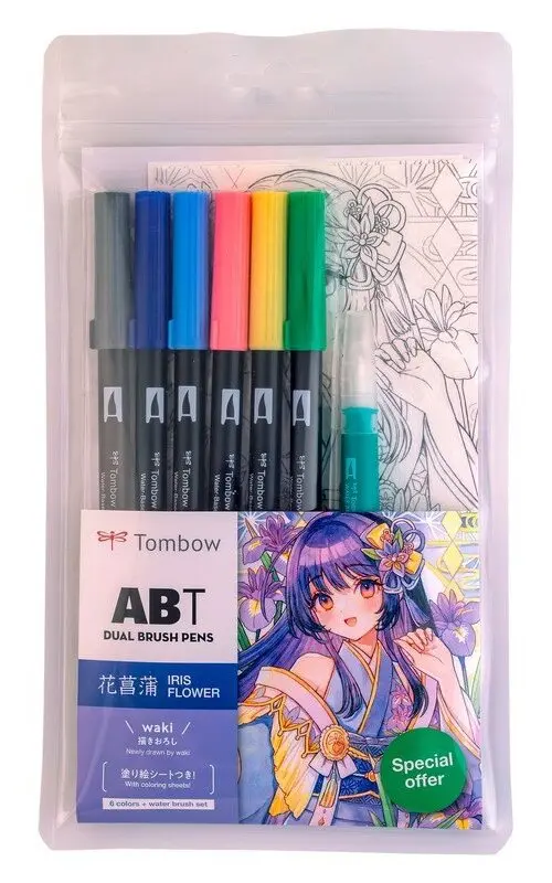Sada oboustranných fixů ABT Manga Iris + vodní štětec - 6 ks