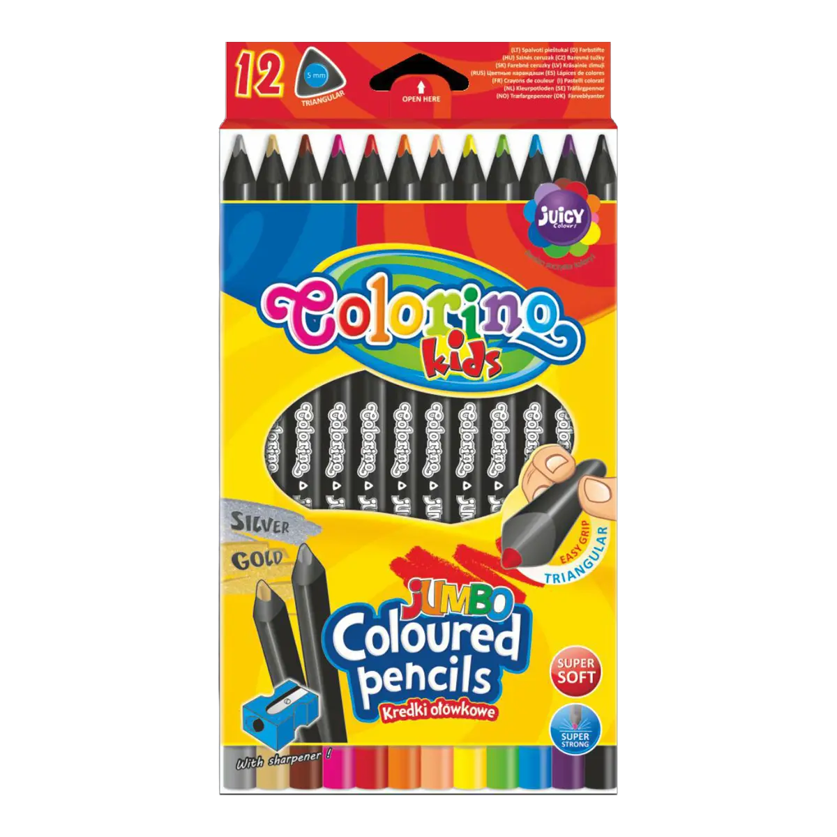 Colorino pastelky trojhranné JUMBO, černé dřevo, s ořezávátkem, 12 barev