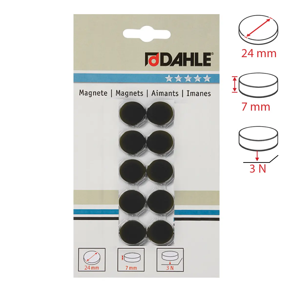 Dahle magnet plánovací, Ø 24 mm, 3 N, 10 ks, černý