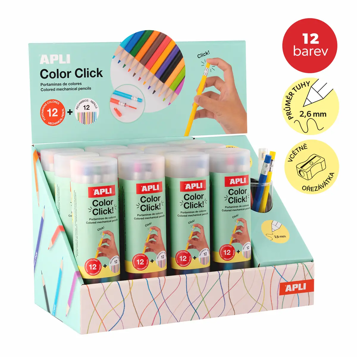 APLI pastelky stiskací - Color Click, 12 ks, displej, s náhradními tuhami a ořezávátkem, mix barev