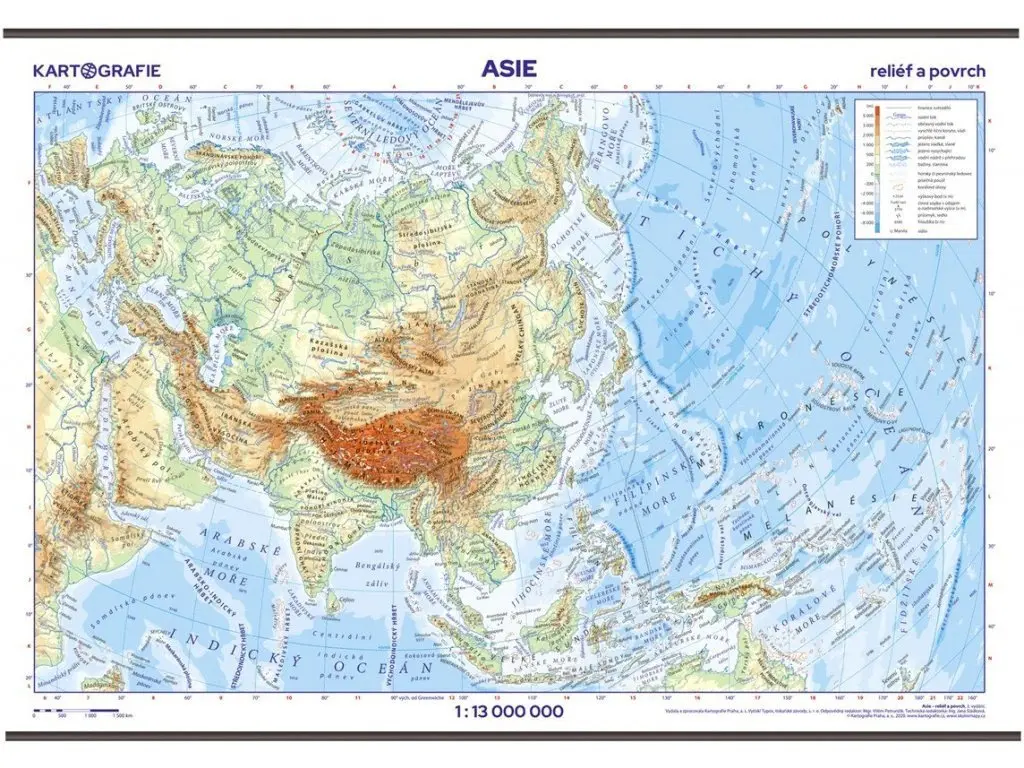 Asie - školní- reliéf a povrch - nástěnná mapa - 1:13 000 000