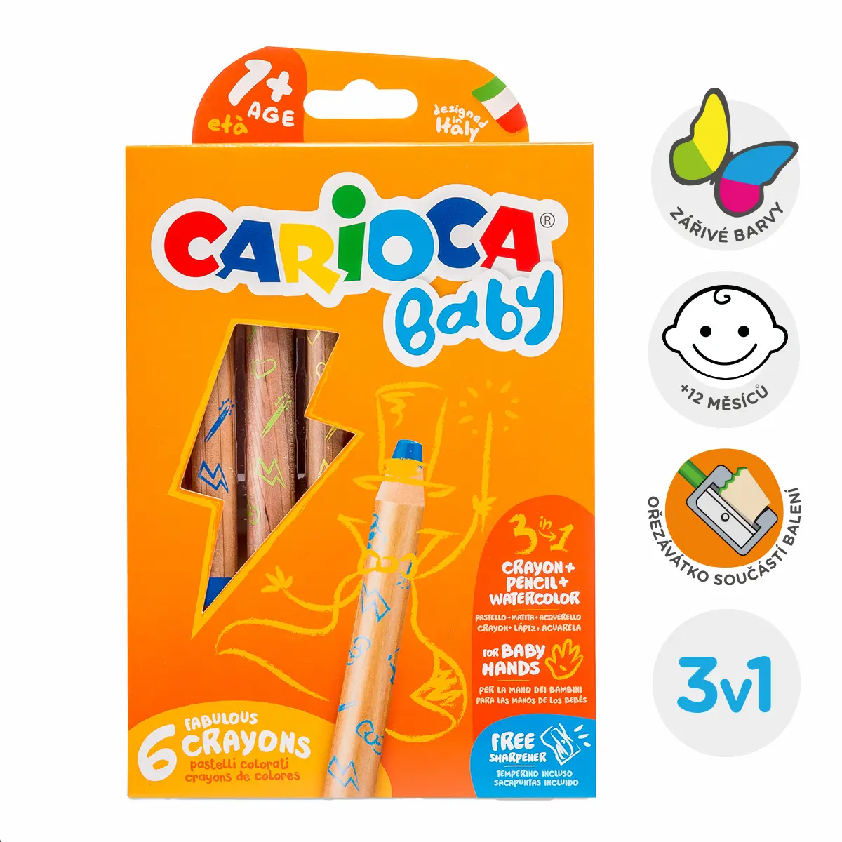 Multifunkční voskovky 3 v 1 Carioca Baby 1+, 6 ks