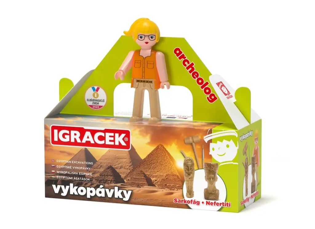 Efko IGRÁČEK ARCHEOLOŽKA - figurka s egyptskými vykopávkami sarkofágu a sošky Nefertiti