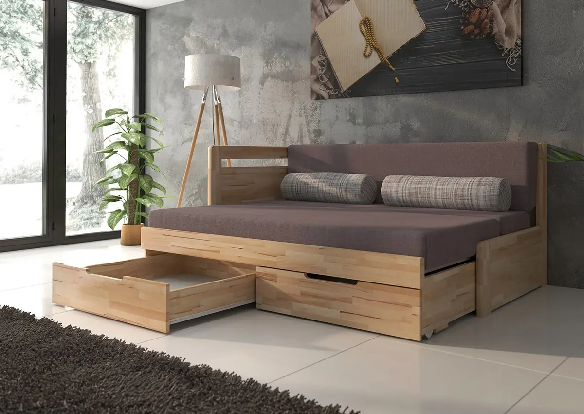 BMB TANDEM KLASIK s roštem a úložným prostorem 90 x 200 cm - rozkládací postel z masivního buku