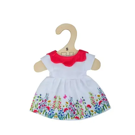 Bigjigs Toys Bílé květinové šaty s červeným límečkem pro panenku 25 cm