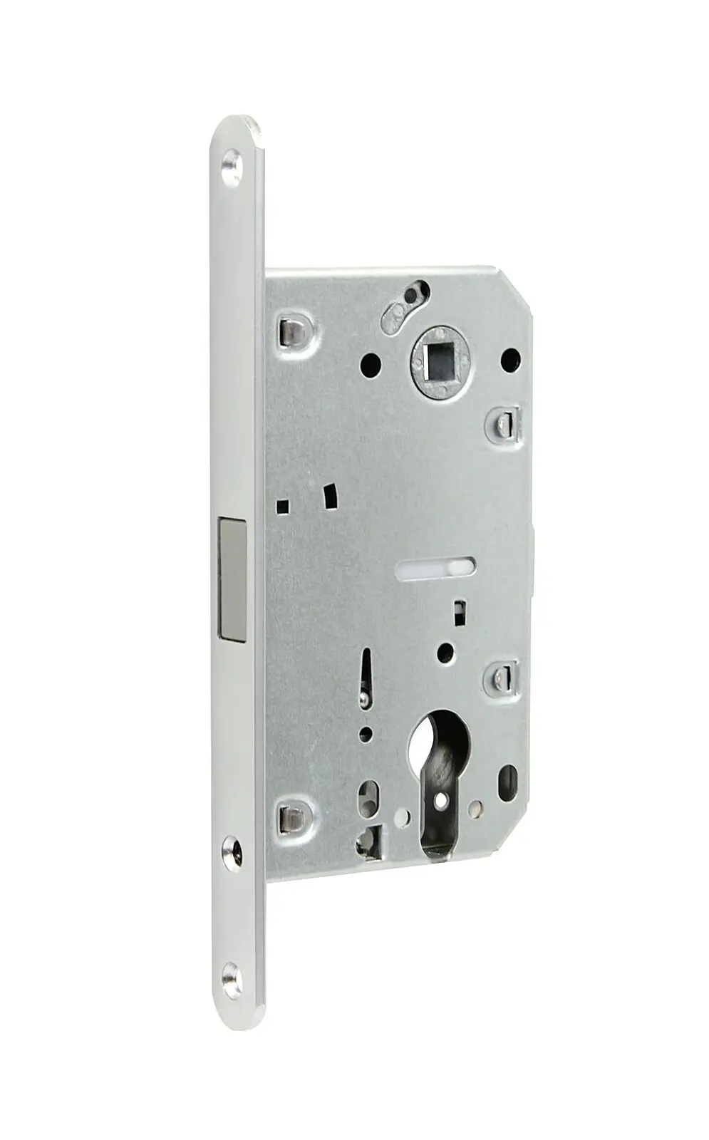 Magnetický zámek pro dřevěné interiérové dveře RICHTER EN.M01.PZ.85.50.18.CHM.PL, Otvor na cylindrickou vložku PZ, richter stříbná