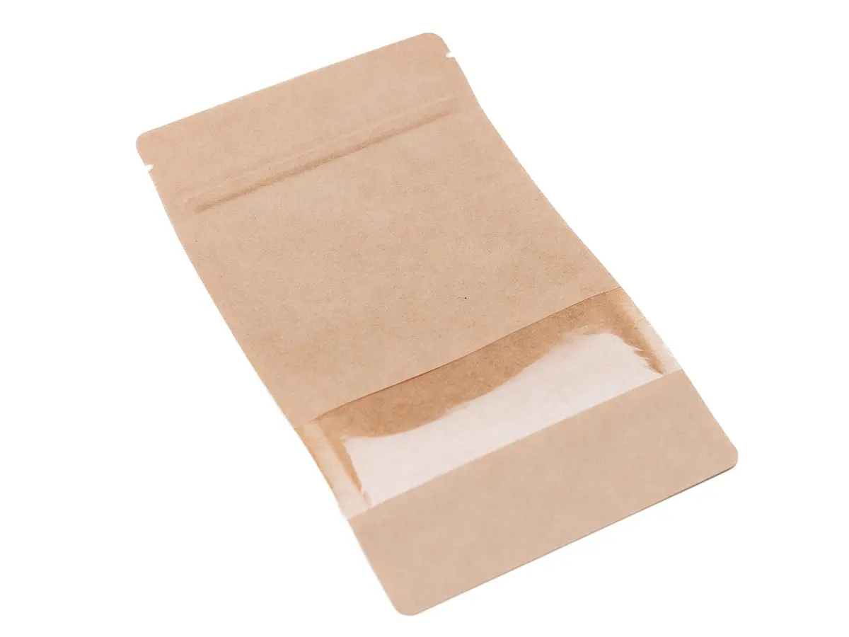 100 ks - Doypack sáček s malým okénkem 130 x 225 + 70 mm, 500 ml, KRAFT/PET/CPP