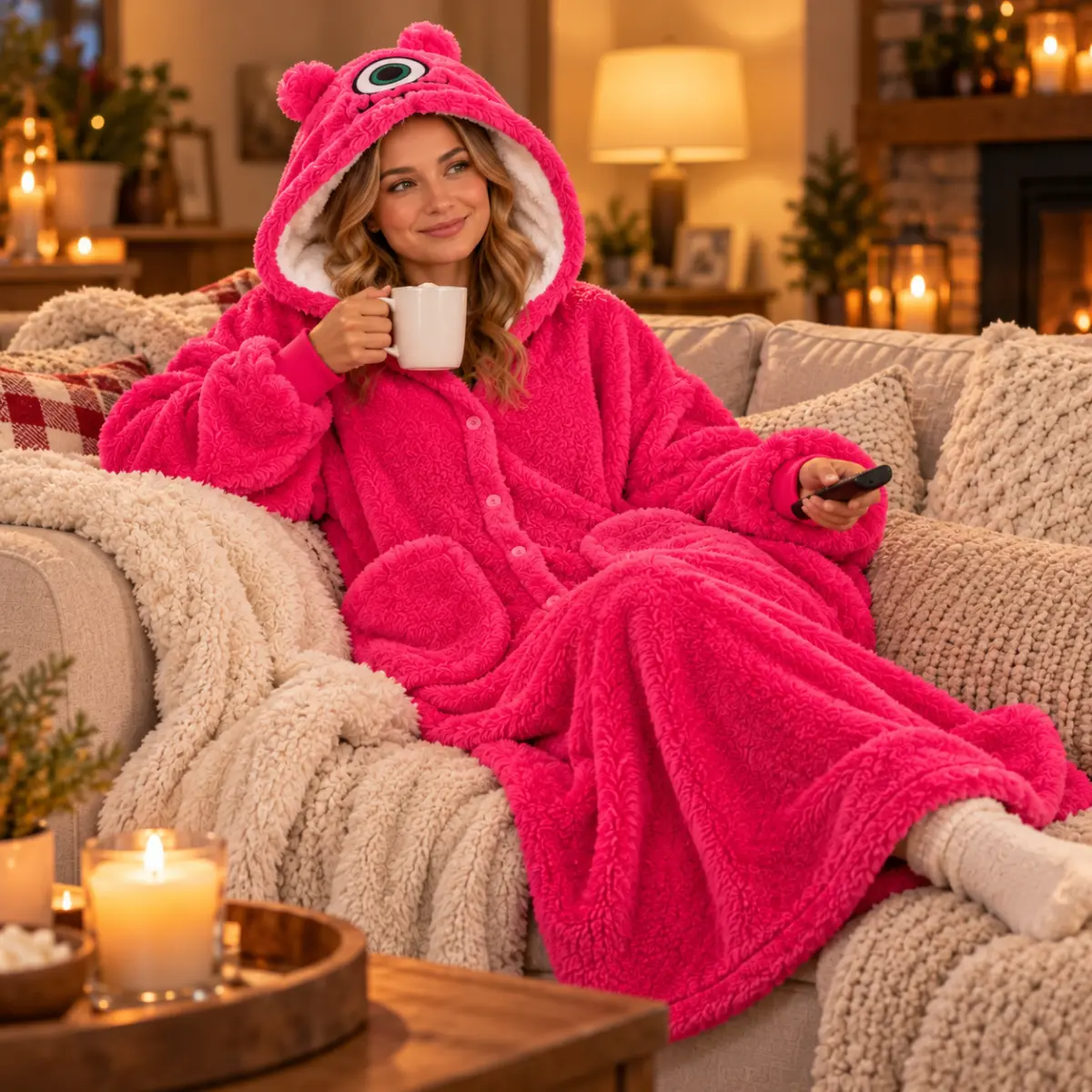 VERK Teplá televizní deka s rukávy, kapucí a knoflíky - pink