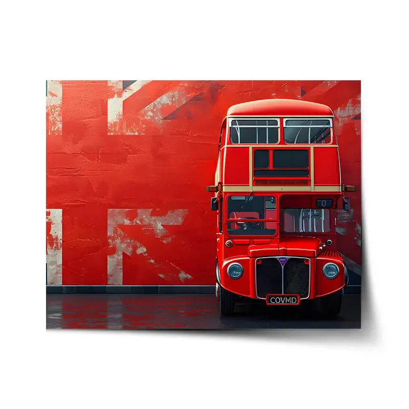 Plakát Červený patrový autobus Vlajka - 90x60 cm