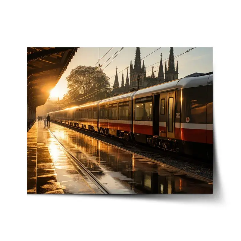 Plakát Vlak na nádraží při východu slunce - 90x60 cm