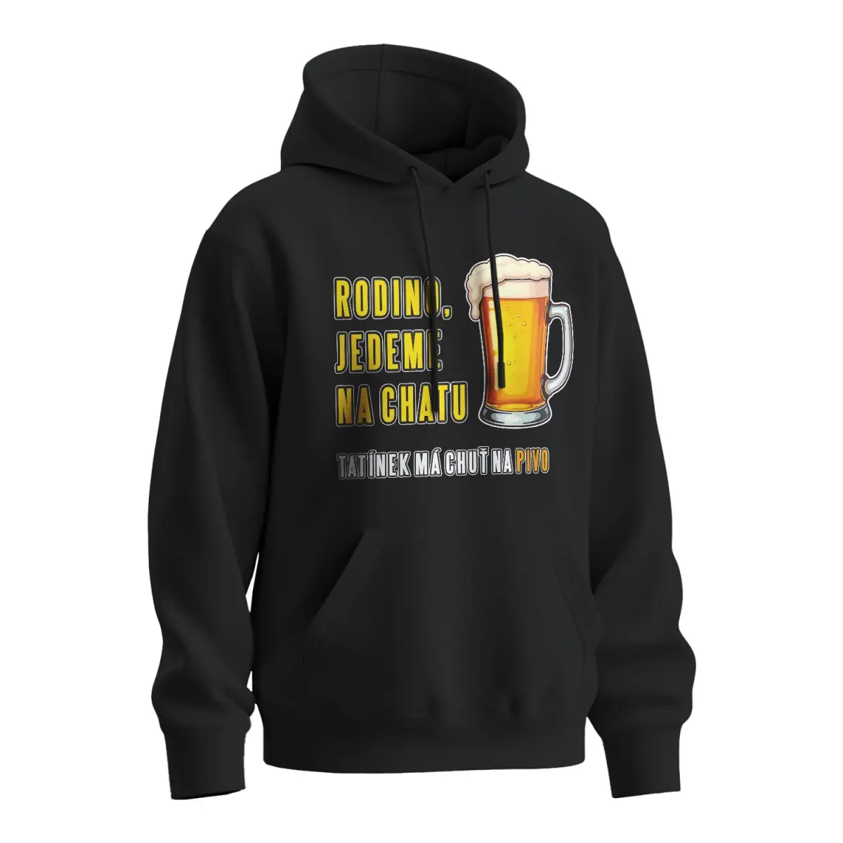 Mikina s potiskem Rodino, jedeme na chatu. Tatínek má chuť na pivo - černá 2XL