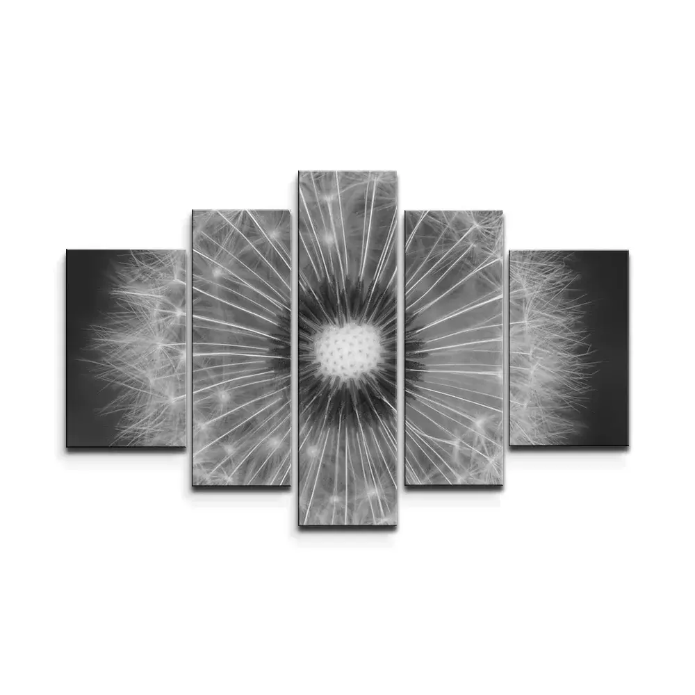Obraz - 5-dílný Černobílá pampeliška - 125x90 cm
