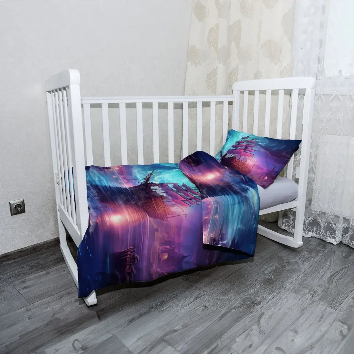 Mikroplyšové dětské povlečení do postýlky Magická plachetnice pod měsícem - 100x135 / 40x60