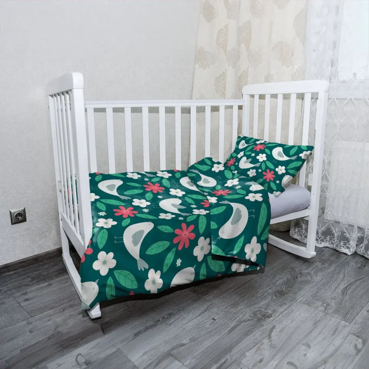 Mikroplyšové dětské povlečení do postýlky Červené kvítí s ptáčky - 120x90 / 40x60