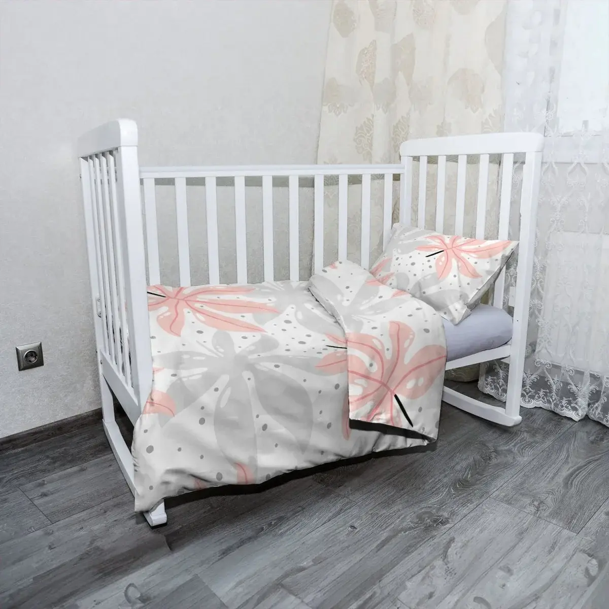 Mikroplyšové dětské povlečení do postýlky Bílé a růžové listy - 100x135 / 40x60