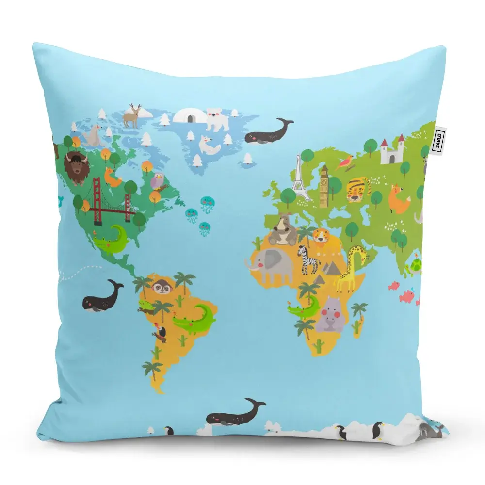 Polštář Zvířecí mapa světa - 60x60 cm