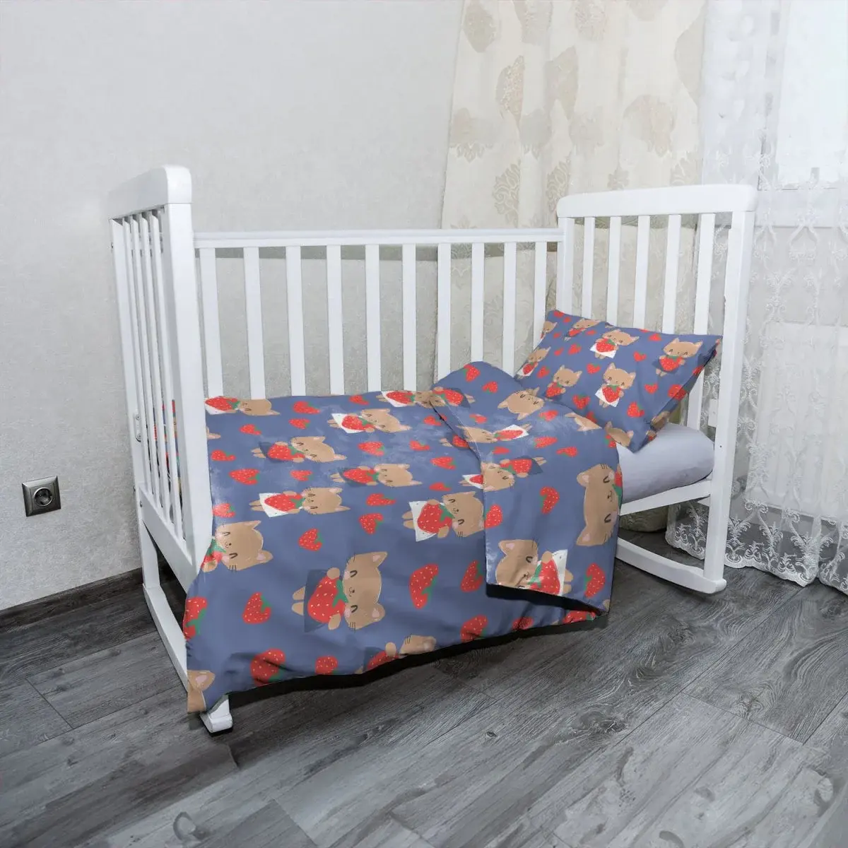 Mikroplyšové dětské povlečení do postýlky Kočičky s jahodami - 100x135 / 40x60