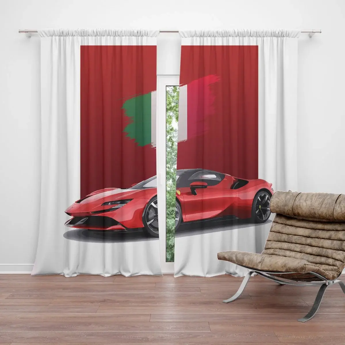 Závěs Ferrari Italská vlajka na červeném bloku: 2ks 140x250cm