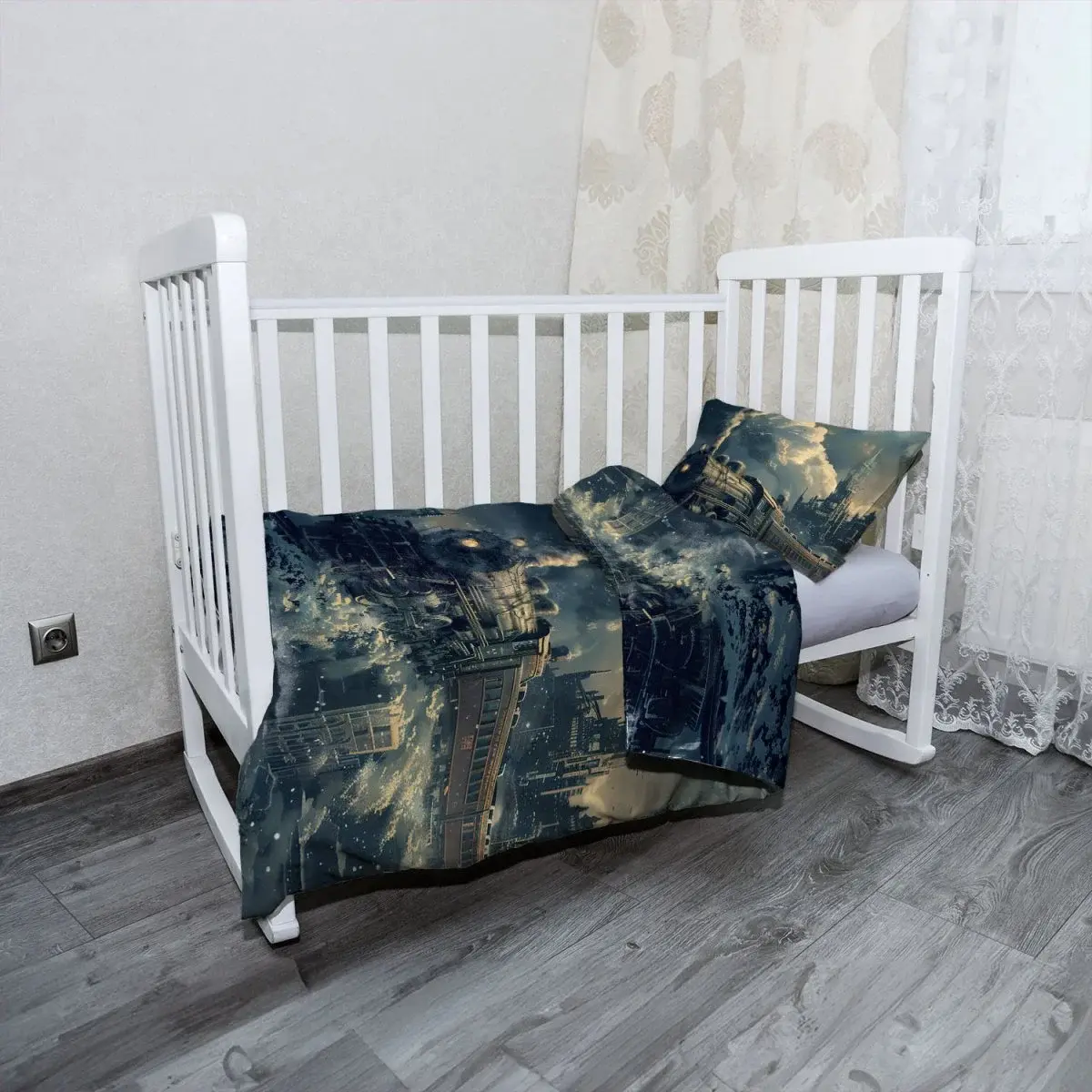 Mikroplyšové dětské povlečení do postýlky Parní lokomotiva v zasněženém městě - 100x135 / 40x60