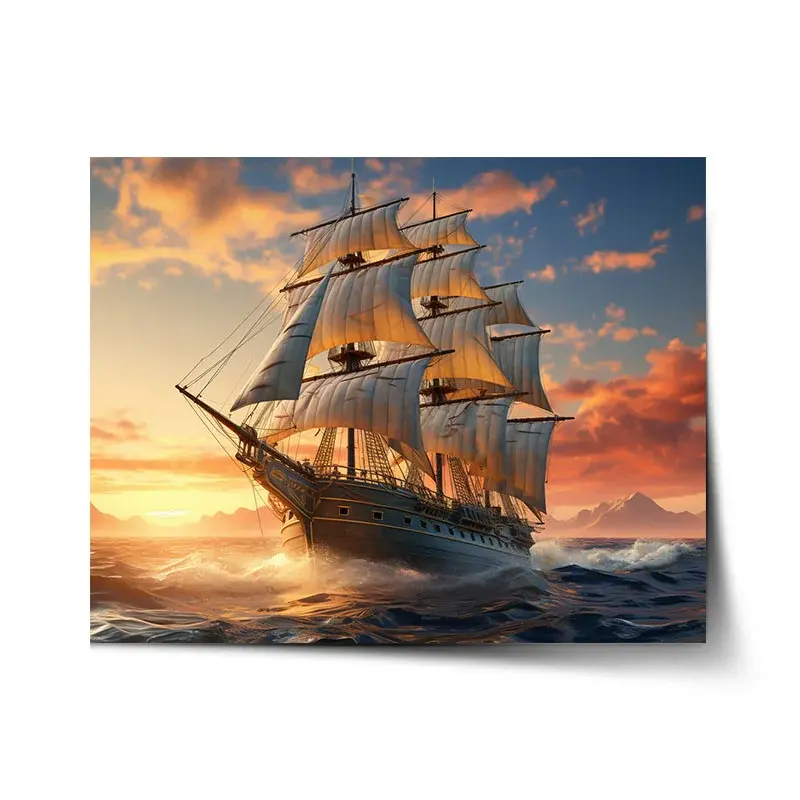 Plakát Plachetnice ve vlnách při východu slunce - 120x80 cm