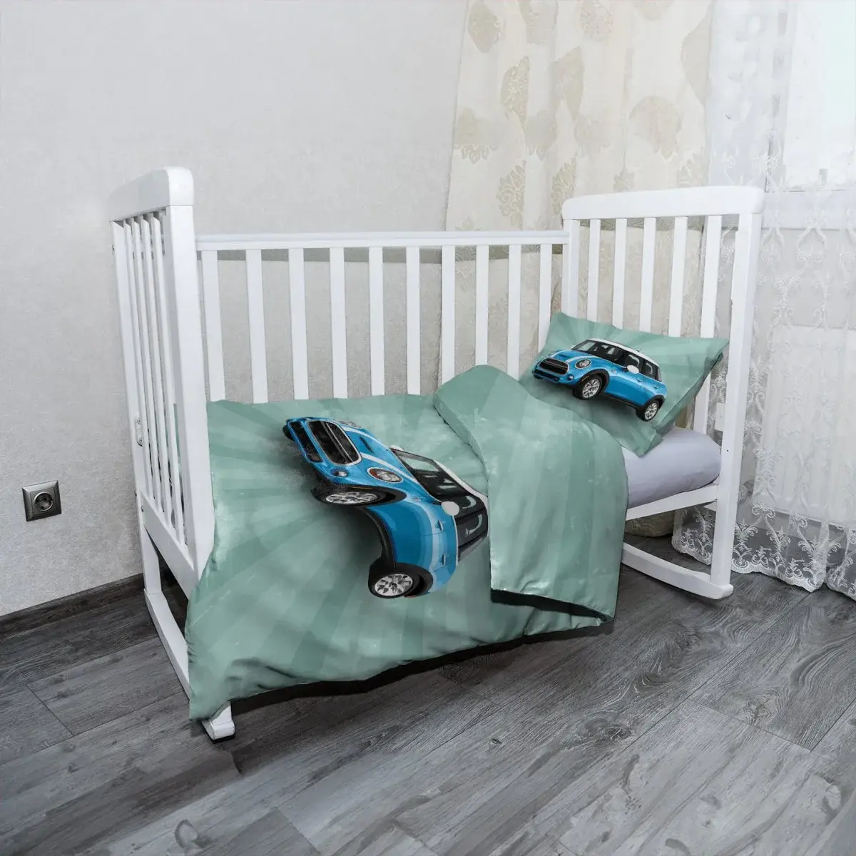 Mikroplyšové dětské povlečení do postýlky Mini sedan Zelené pozadí - 100x135 / 40x60