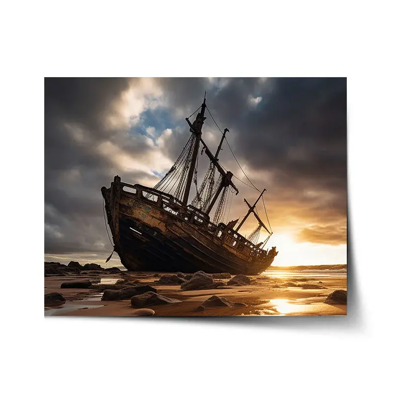 Plakát Vrak lodi při západu slunce - 60x40 cm