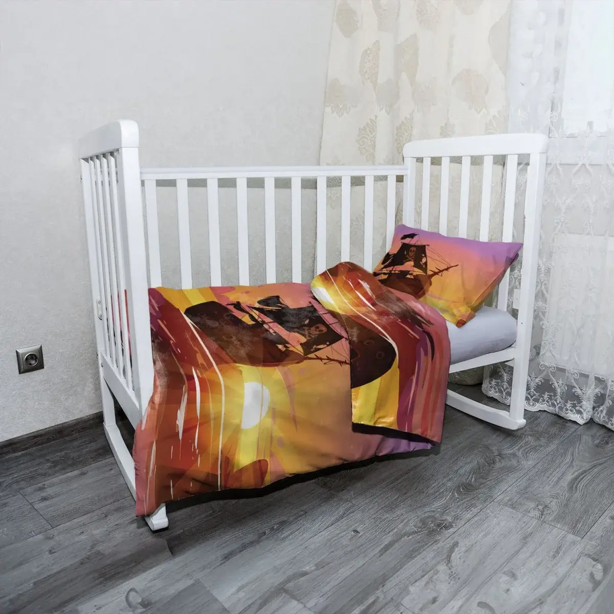 Mikroplyšové dětské povlečení do postýlky Pirátská loď při západu slunce - 120x90 / 40x60