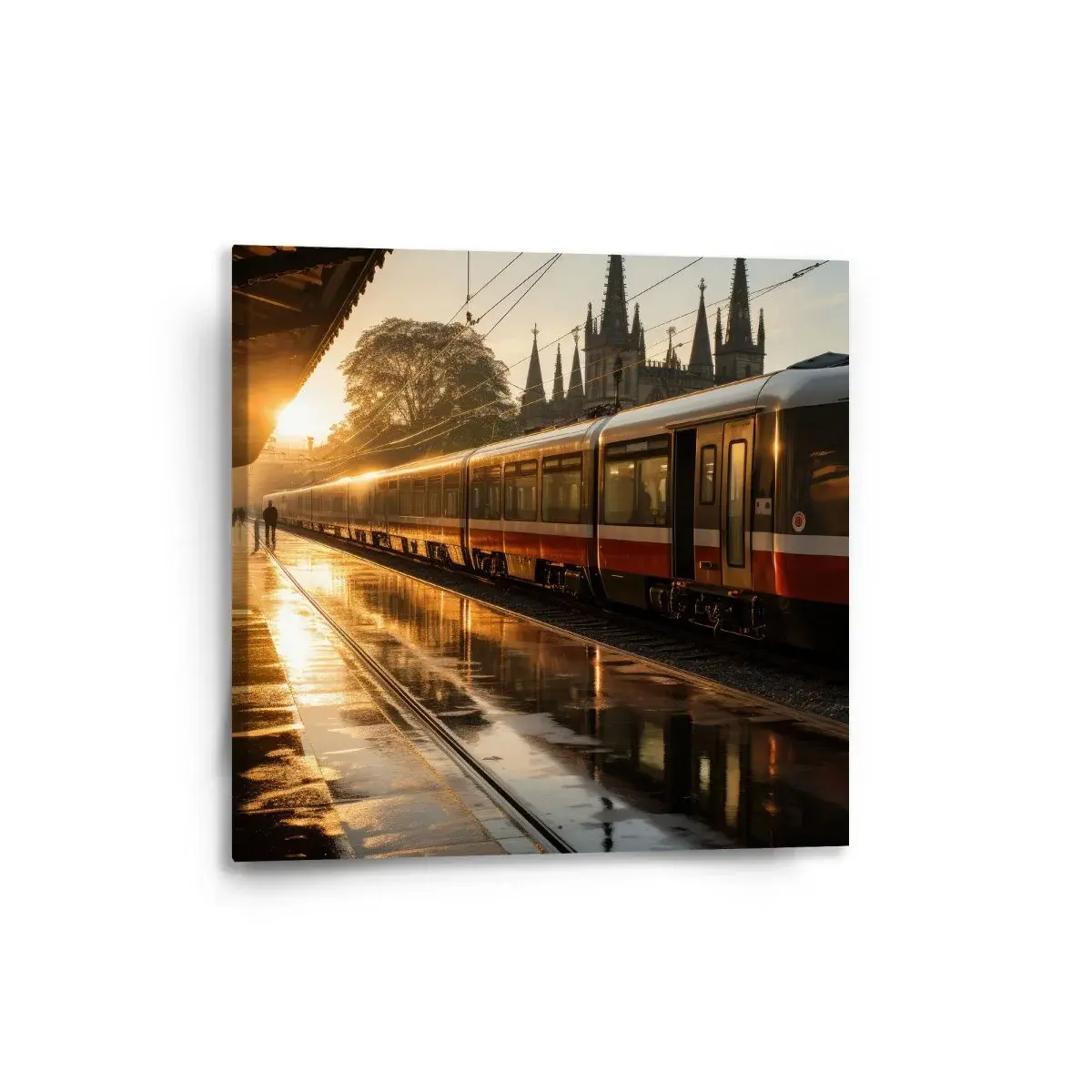 Obraz Vlak na nádraží při východu slunce - 50x50 cm