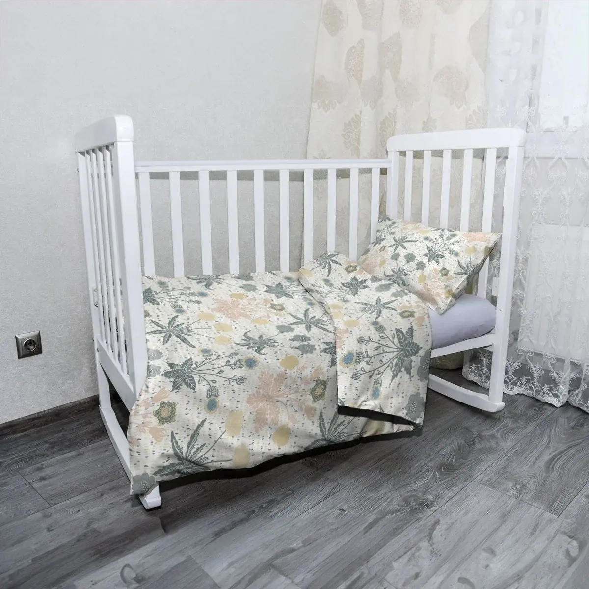 Mikroplyšové dětské povlečení do postýlky Šedé květiny - 100x135 / 40x60