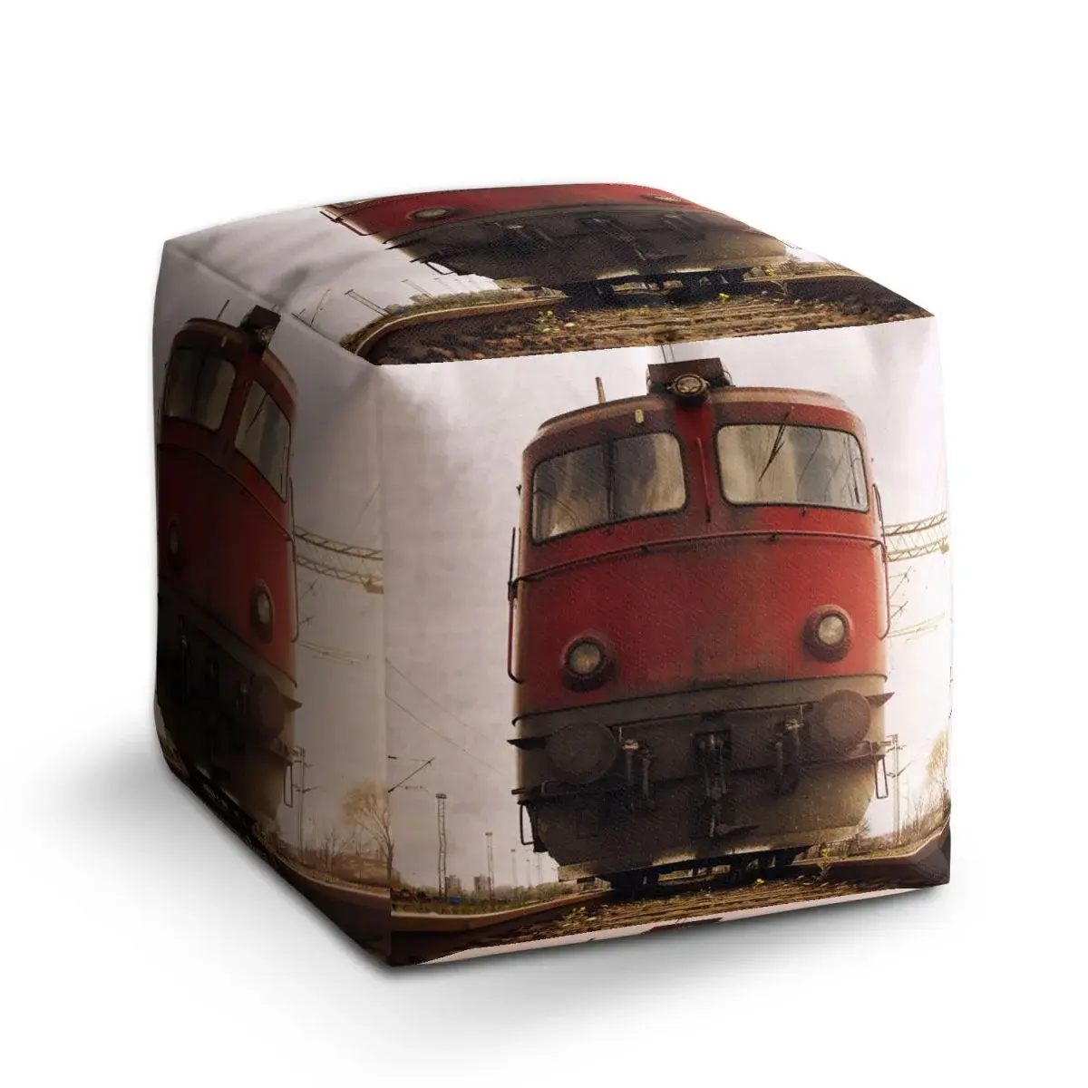 Taburet Cube Červený vlak na kolejích - 60x60x60 cm