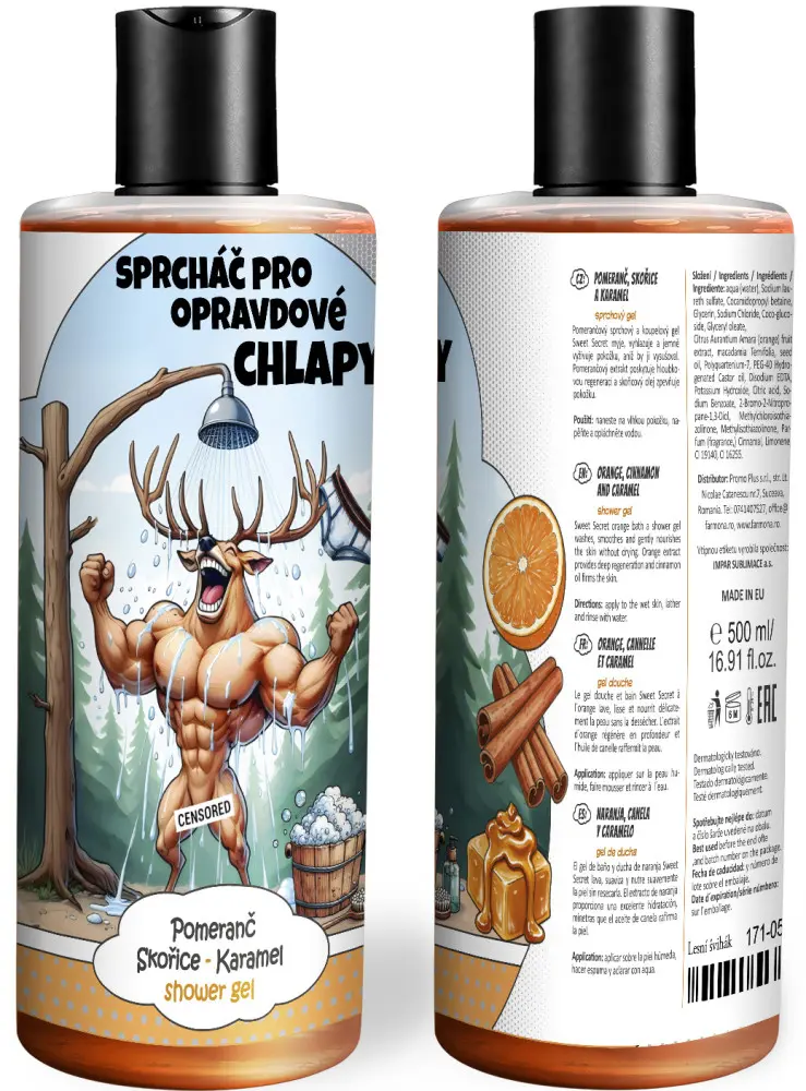 Vtipný sprchový gel – Lesní švihák (Vůně sprchového gelu: Pomeranč, skořice & karamel)
