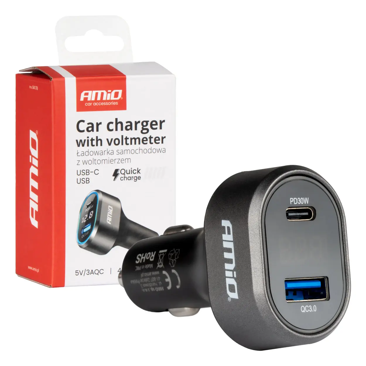 Nabíjačka do auta Quick Charge s voltmetrom AMiO-04178