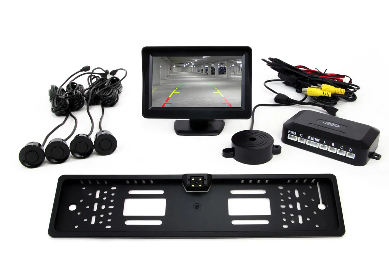 Parkovací asistent LCD 4,3" s kamerou CAM-402 LED v podložce pod SPZ, 4 senzory, černý