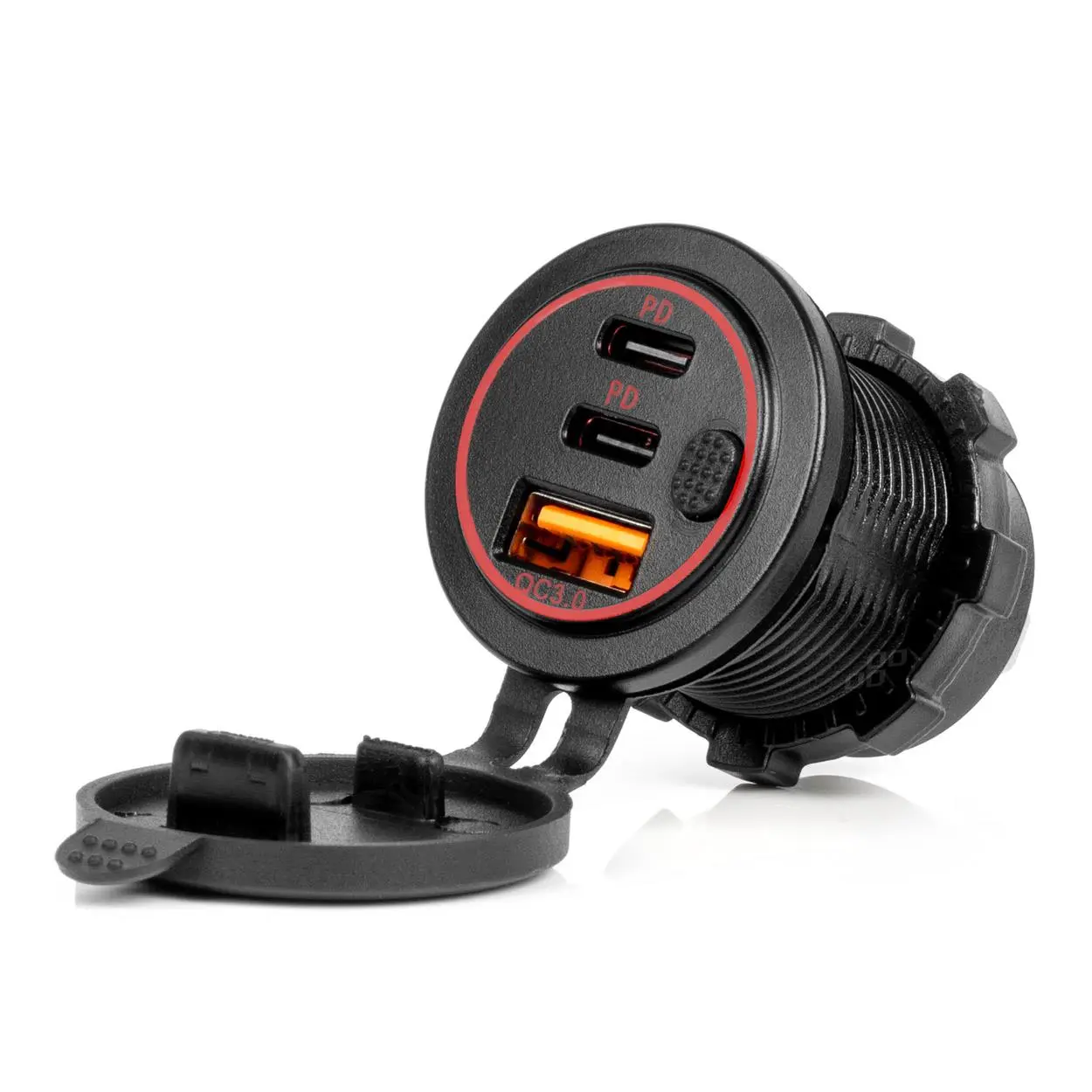 Vodotesná nabíjačka na telefón s vypínačom ČERVENÉ LED podsvietenie USB + 2xUSB C QC3.0 12/24V AMiO-04227