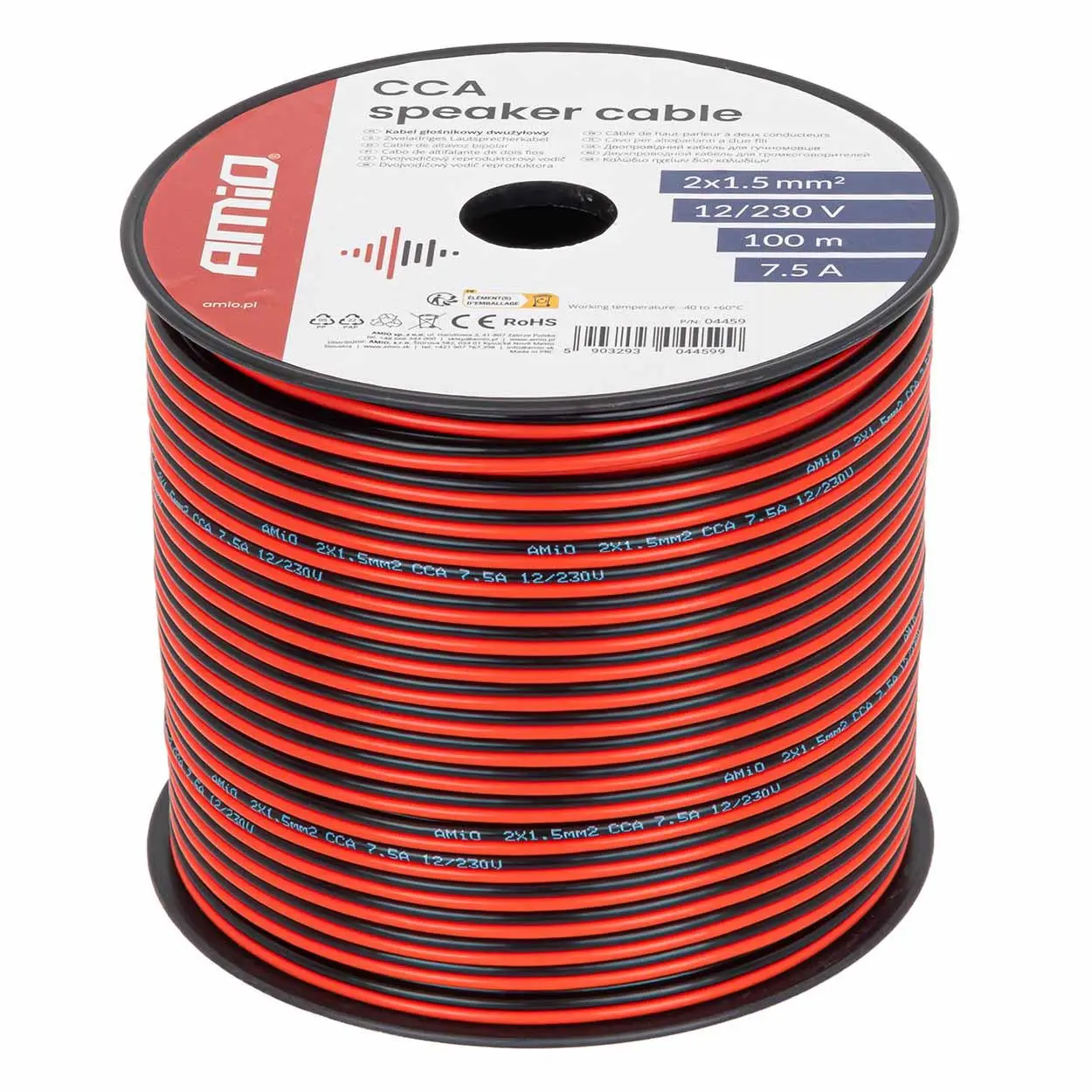 Reproduktorový kabel dvoužilový CCA 2x1.5mm2 100m 7.5A AMiO-04459