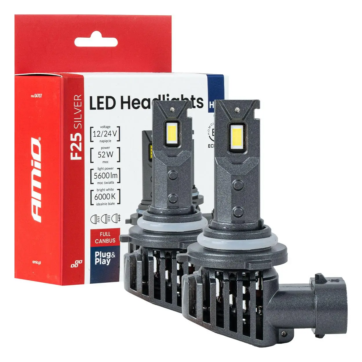 LED žárovky hlavního svícení F25 SILVER CANBUS HB4 9006 52W 12V 24V AMiO-04707