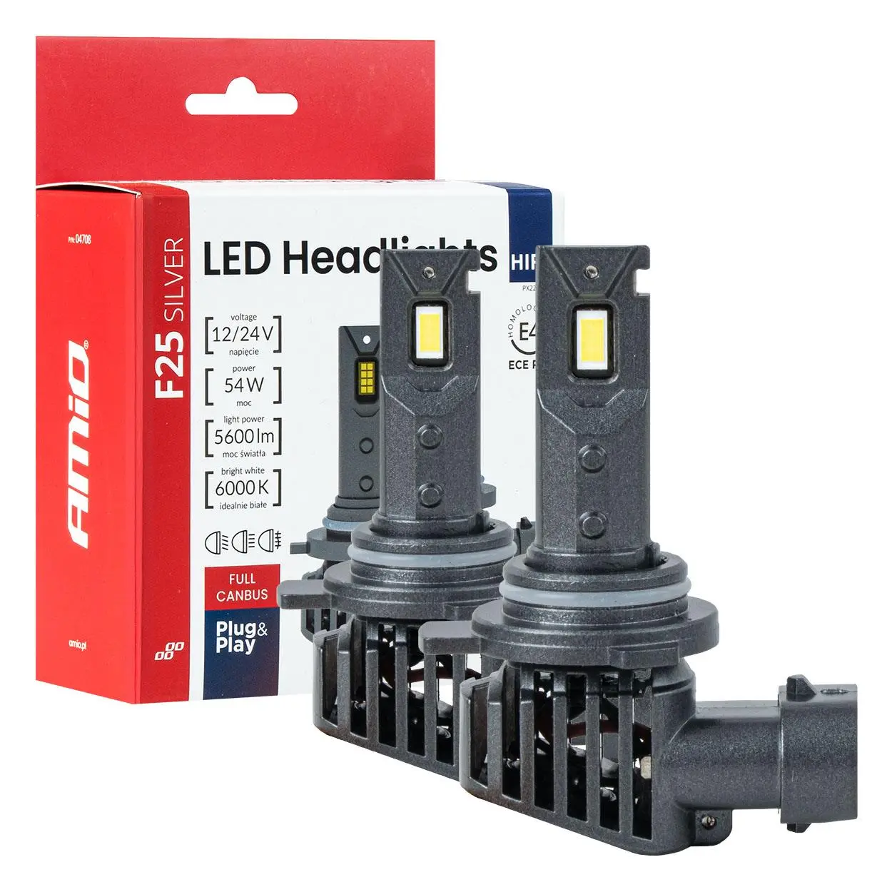 LED žárovky hlavního svícení F25 SILVER CANBUS HIR2 9012 54W 12V 24V AMIO-04708