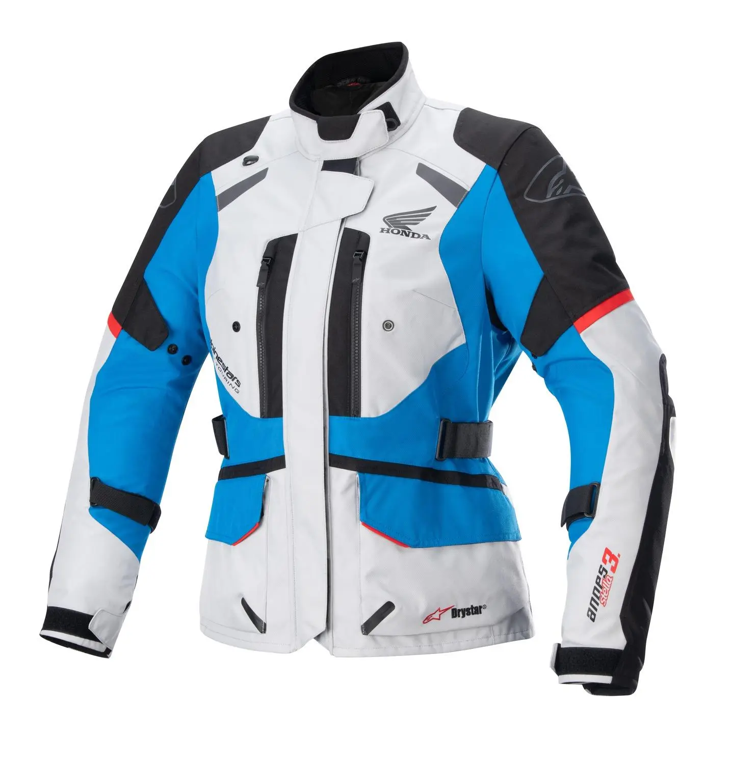 Alpinestars Stella Andes Drystar Honda šedo-černo-modro-červená dámská bunda na motorku