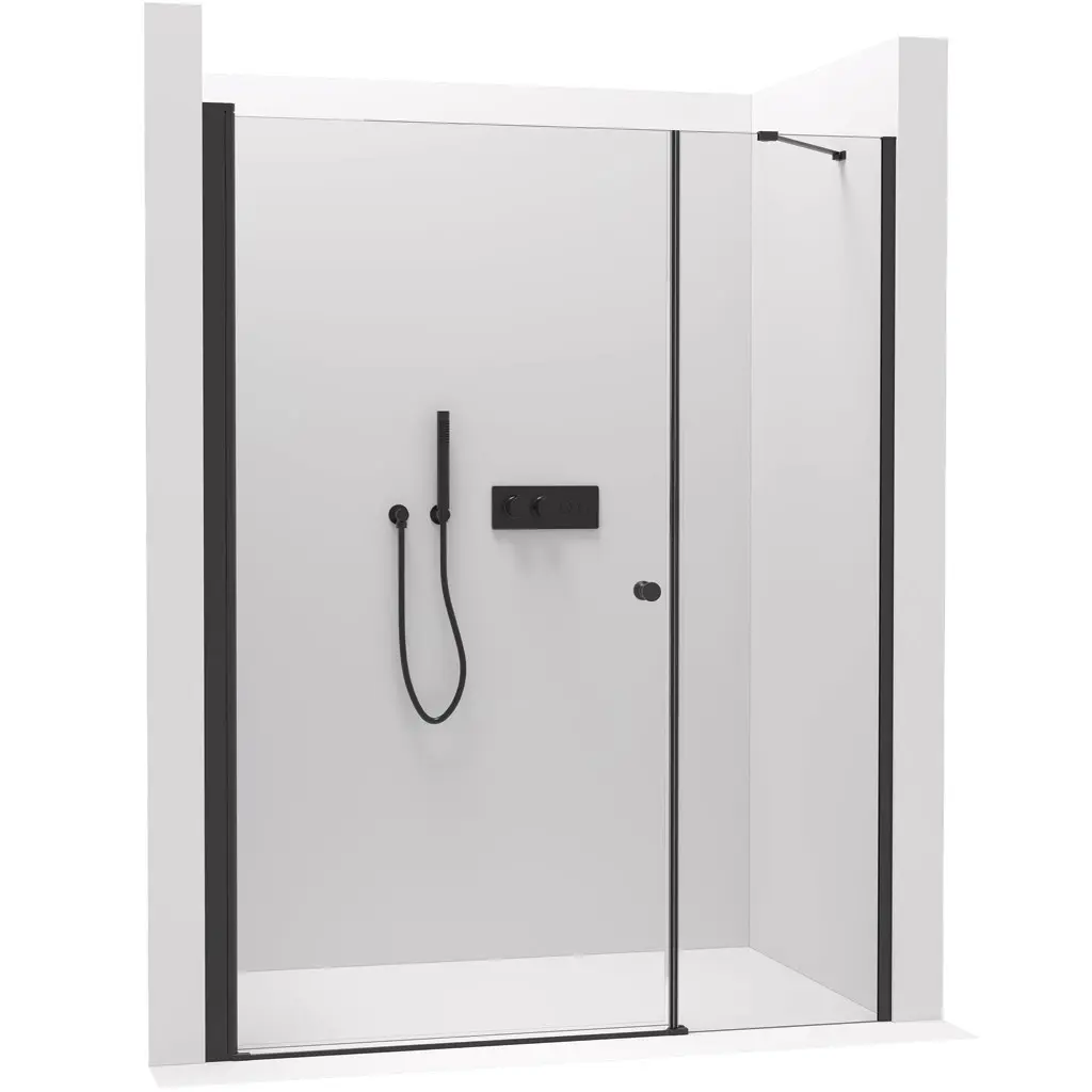 Sprchové křídlové dveře Antelo s pevnou částí L/P - 6 mm - černá matná, transparentní sklo - 110(80+30)x190 cm