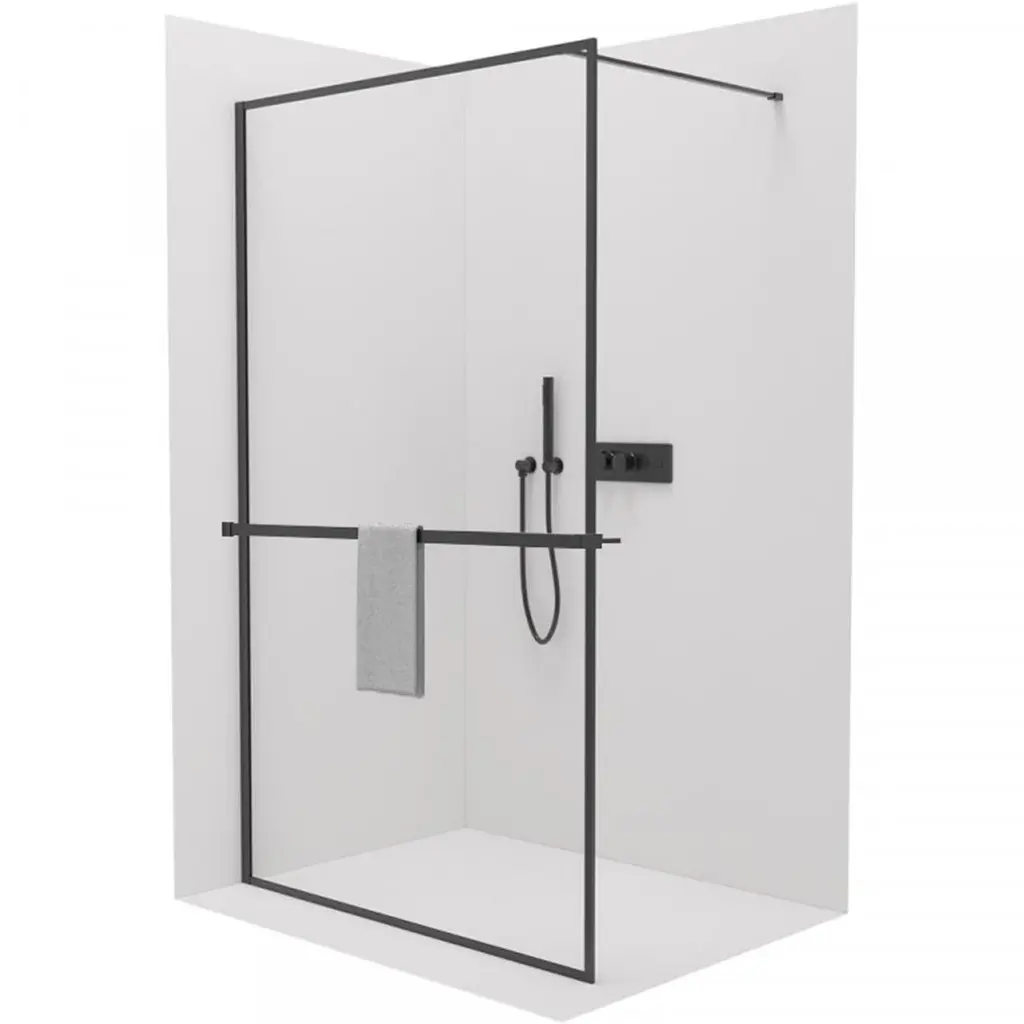 Sprchová zástěna Walk-in Moreli L/P + polička/držák na ručníky - černá matná, transparentní sklo - 70x200 cm