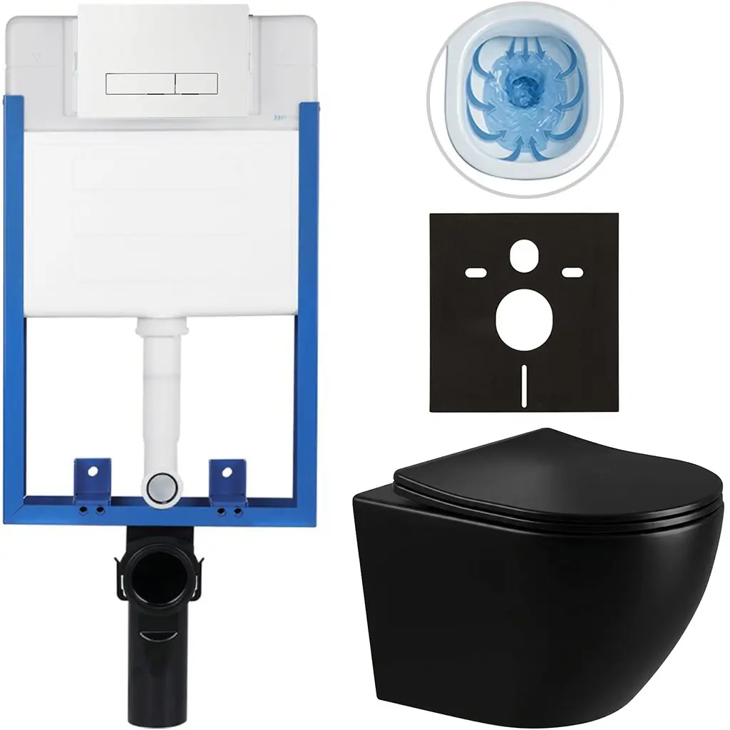 Kompletní WC set Profi/Cesso - černá lesklá - WC tlačítko Slim/Bílá - pro zazdění - 49x36 cm