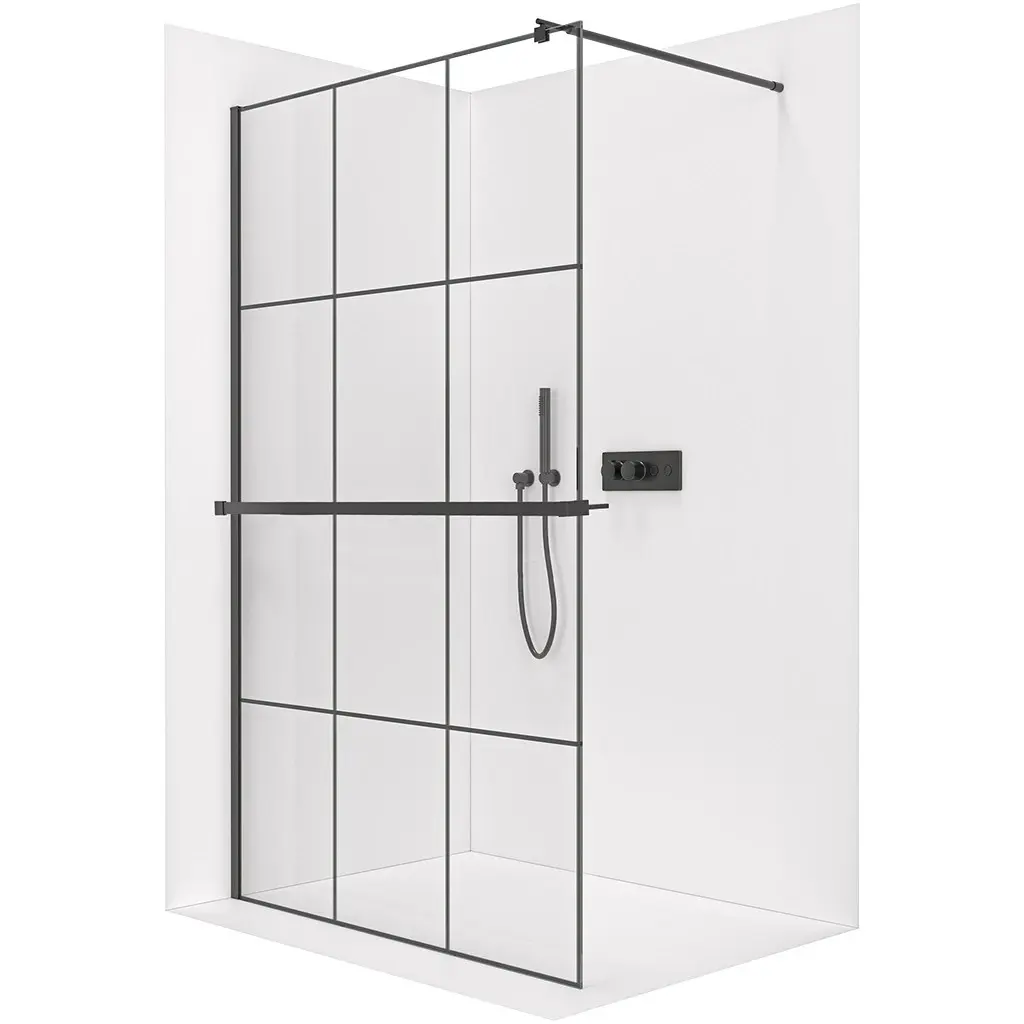 Sprchová zástěna Walk-in Onyx Round L/P - 8 mm + polička/držák na ručníky - kulatá vzpěra - černá matná, industriální sklo - 160x200 cm