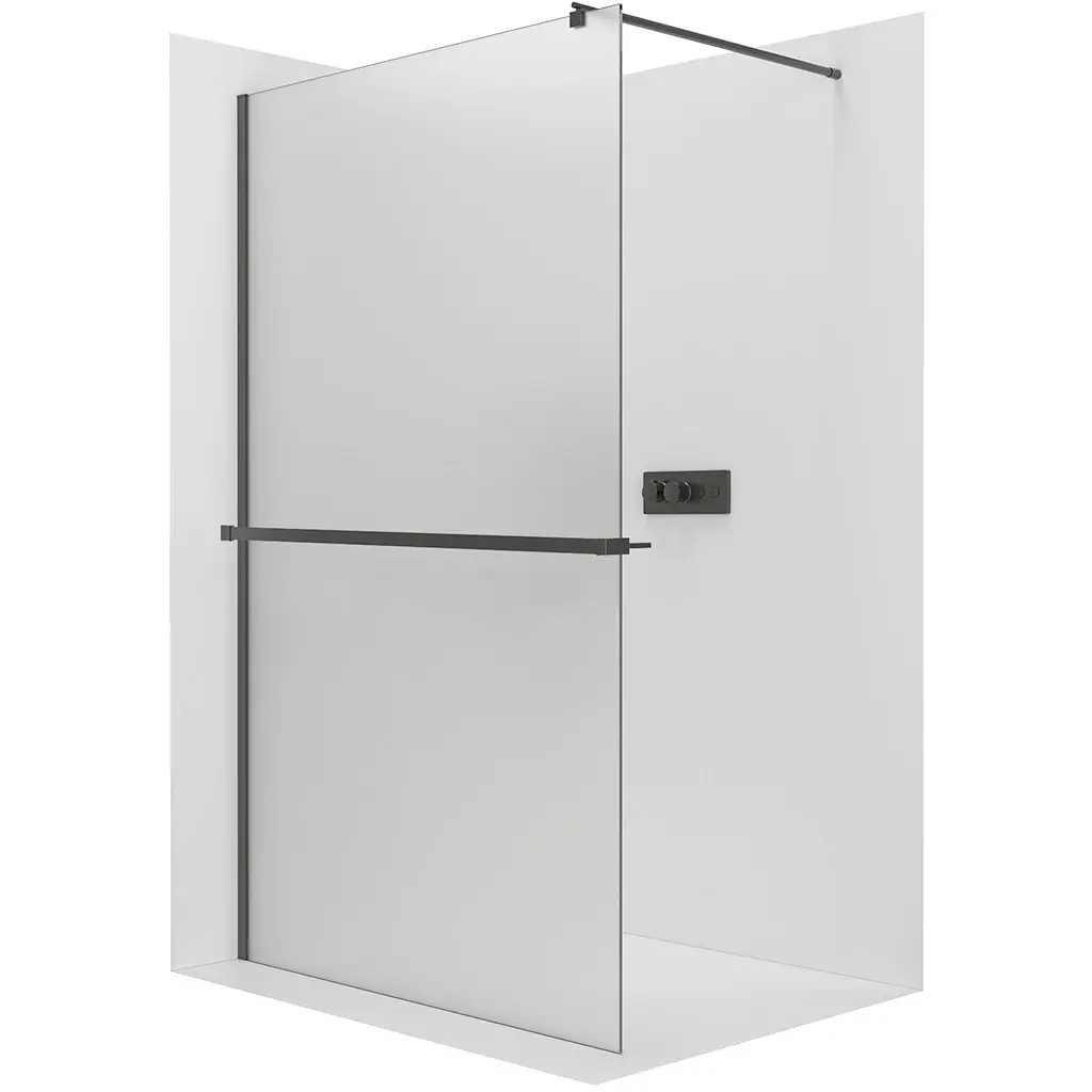 CERANO Sprchová zástěna Walk-in Onyx Round L/P 8 mm + polička/držák na ručníky kulatá vzpěra černá matná, mléčné sklo 100x200 CER-8050BD340