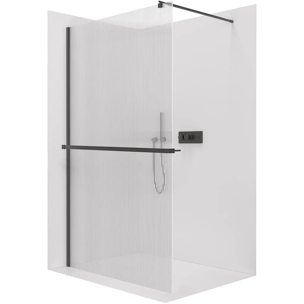 Sprchová zástěna Walk-in Onyx Round L/P - 8 mm + polička/držák na ručníky - kulatá vzpěra - černá matná, rýhované sklo - 50x200 cm