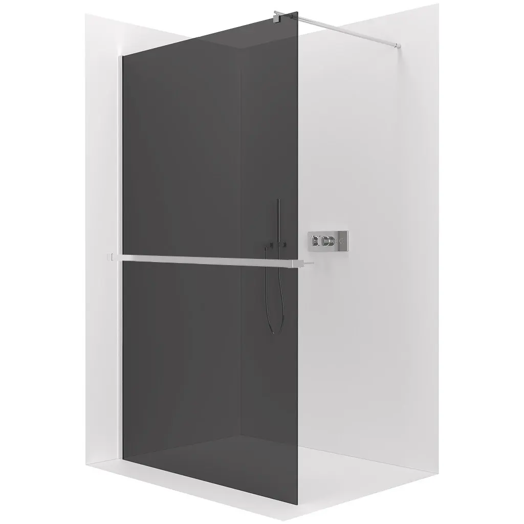Sprchová zástěna Walk-in Onyx Round L/P - 8 mm + polička/držák na ručníky - kulatá vzpěra - chrom, grafitové sklo - 120x200 cm