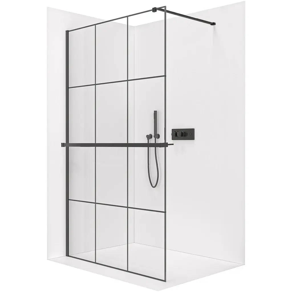 Sprchová zástěna Walk-in Onyx Cube L/P - 8 mm + polička/držák na ručníky - hranatá vzpěra - černá matná, industriální sklo - 120x200 cm