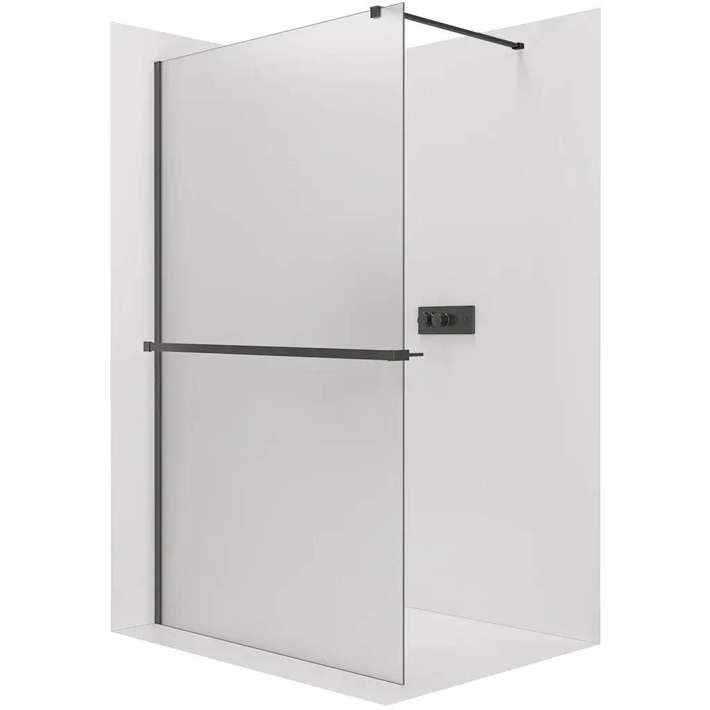 Sprchová zástěna Walk-in Onyx Cube L/P - 8 mm + polička/držák na ručníky - hranatá vzpěra - černá matná, mléčné sklo - 70x200 cm